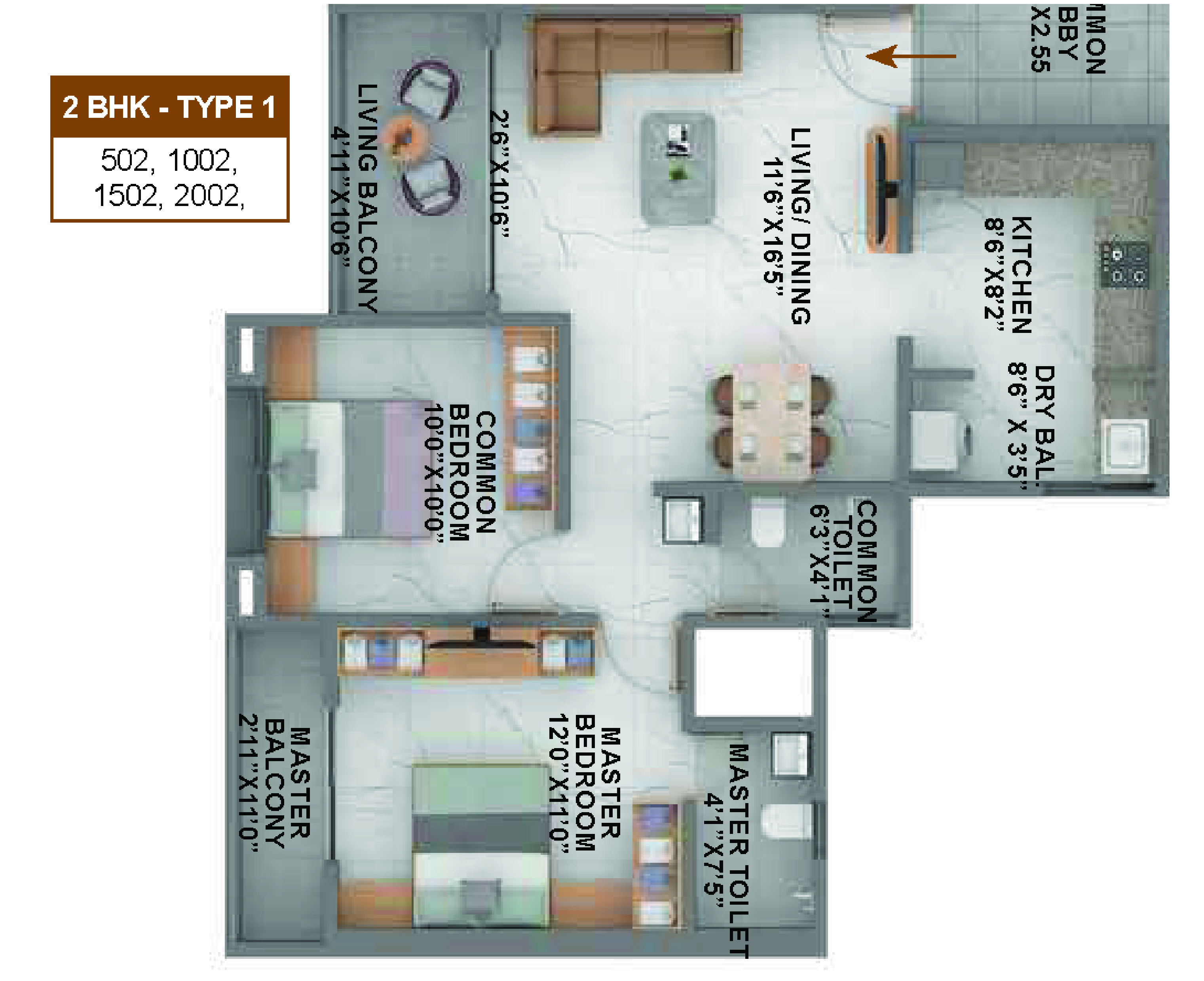 2BHK floor plan