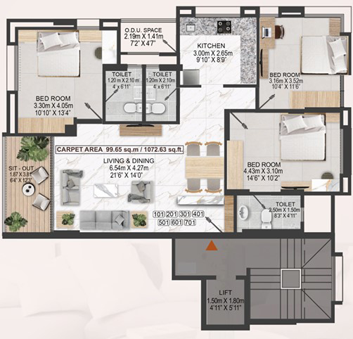 3BHK floor plan