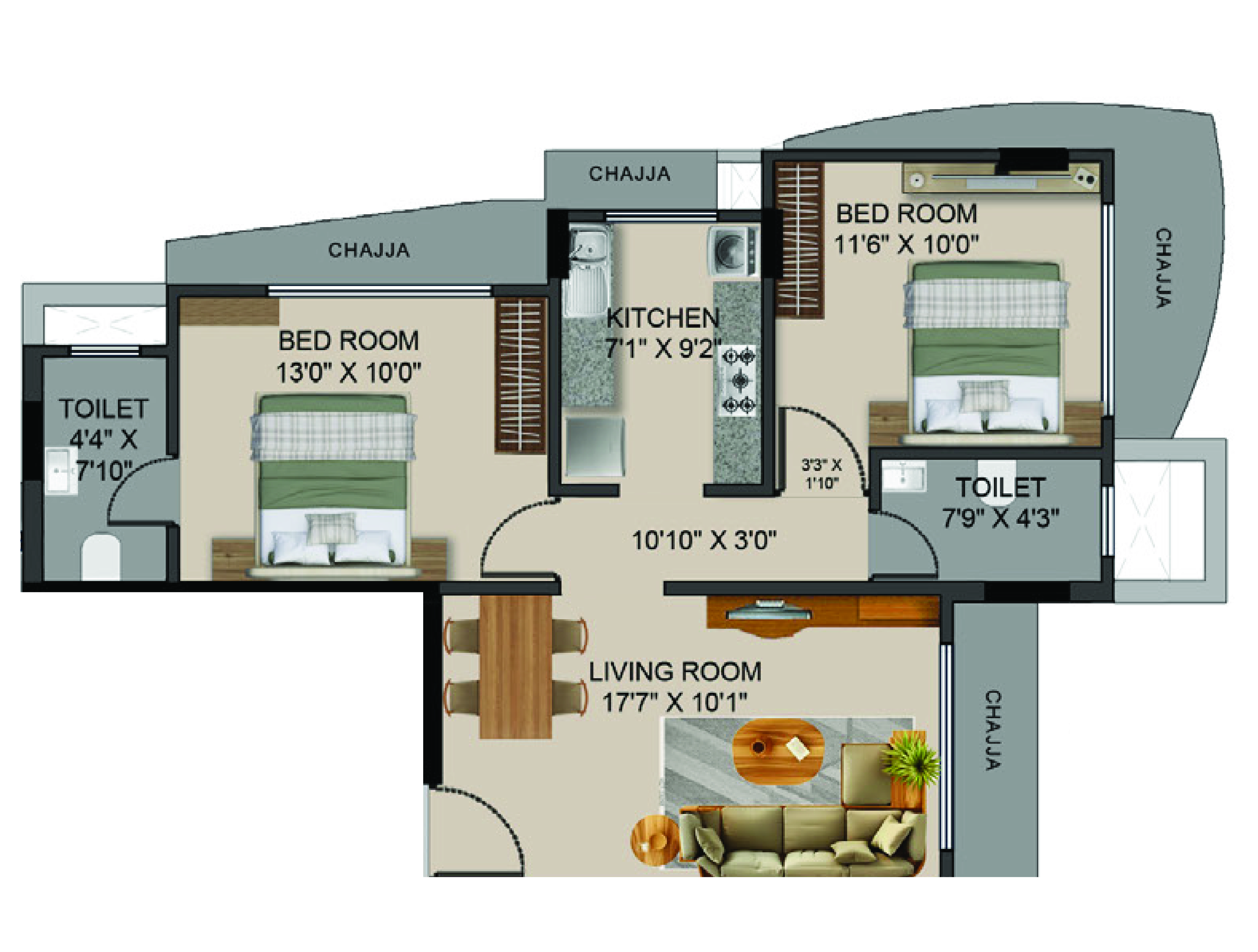 2BHK floor plan