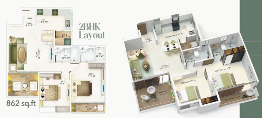 2BHK floor plan
