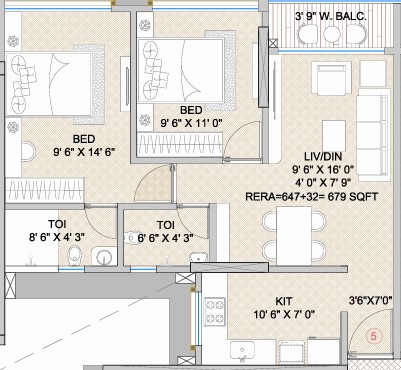 2BHK floor plan