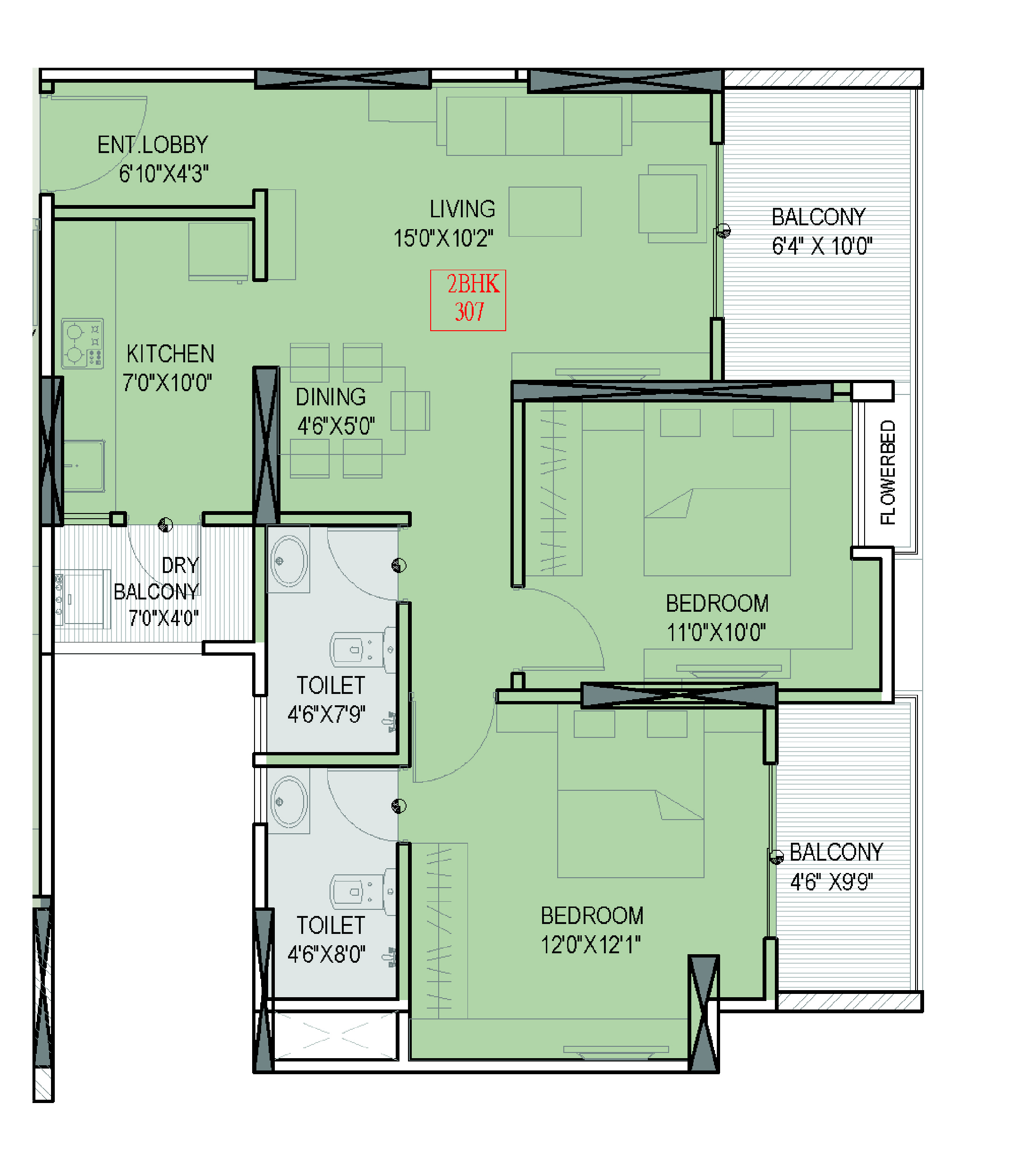 2BHK floor plan